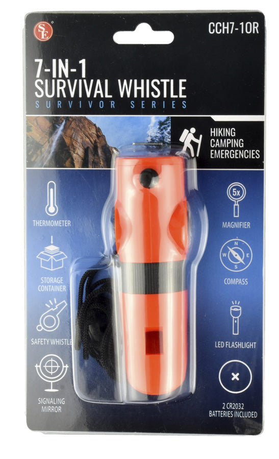 7-IN-1 Orange Survival Whistle with LED Flashlight