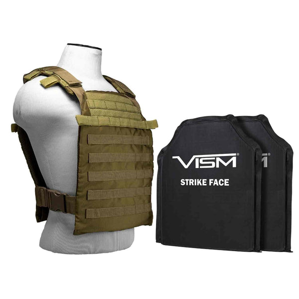 LEVEL IIIA VISM by NcSTAR LARGER FAST PLATE CARRIER  WITH 11"X14' LEVEL IIIA SHOOTER'S CUT 2X SOFT BALLISTIC PANELS/ TAN