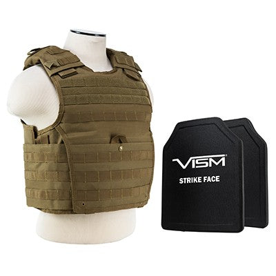 LEVEL III+ VISM by NcSTAR BPCVPCVX2963T-A EXPERT PLATE CARRIER VEST (MED-2XL) WITH 10"X12' LEVEL III+ PE SHOOTERS CUT 2X HARD BALLISTIC PLATES/ LARGE/ TAN