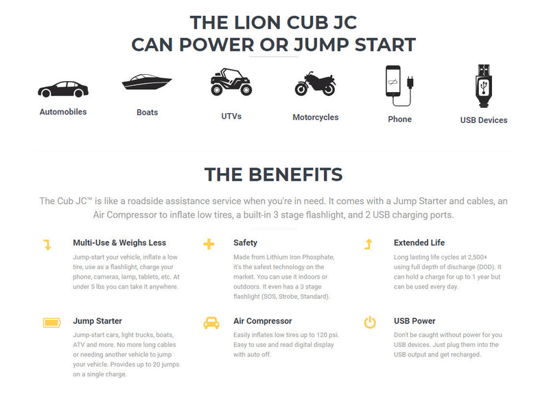 Lion Cub JC Mini Portable Jump Starter, Air Compressor, & Power Station Technical Details