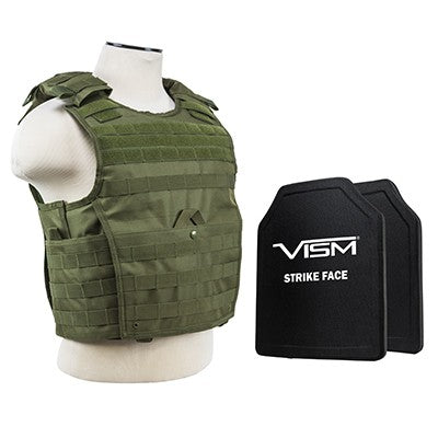 LEVEL III+ VISM by NcSTAR BPCVPCVX2963G-A EXPERT PLATE CARRIER VEST (MED-2XL) WITH 10"X12' LEVEL III+ PE SHOOTERS CUT 2X HARD BALLISTIC PLATES/ LARGE/ GREEN