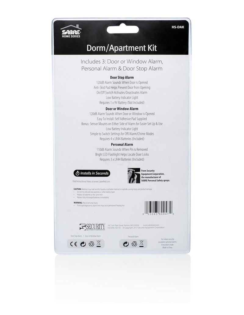 SABRE Dorm Apartment Security Alarm Kit - Includes Wedge Door Stop Alarm, Personal Keychain Alarm and Wireless Window Alarm with LOUD 120 dB Siren