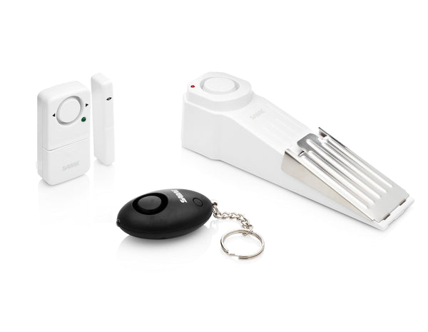 SABRE Dorm Apartment Security Alarm Kit - Includes Wedge Door Stop Alarm, Personal Keychain Alarm and Wireless Window Alarm with LOUD 120 dB Siren