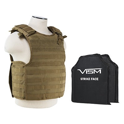 LEVEL IIIA VISM BSCVPCVQR2964T-A QUICK RELEASE PLATE CARRIER VEST WITH 10"X12' LEVEL IIIA SHOOTERS CUT 2X SOFT PANELS TAN