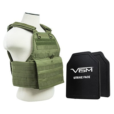 VISM LEVEL III+ BPCVPCV2924G-A PLATE CARRIER VEST WITH 10"X12' LEVEL III+ PE SHOOTERS CUT 2X HARD BALLISTIC PLATES/ GREEN