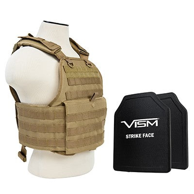 VISM LEVEL III+ BPCVPCV2924T-A PLATE CARRIER VEST WITH 10"X12' LEVEL III+ PE SHOOTERS CUT 2X HARD BALLISTIC PLATES/ TAN