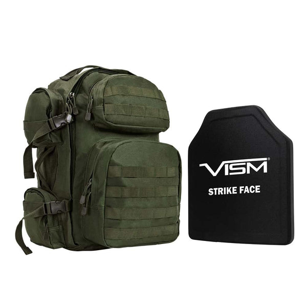 VISM LEVEL III+  TACTICAL BACKPACK WITH 10"x12" LEVEL III+ SHOOTERS CUT PE HARD BALLISTIC PLATE/ GREEN