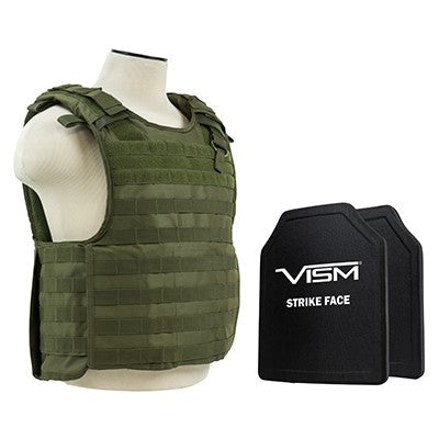 VISM LEVEL III+ BPCVPCVQR2964G-A QUICK RELEASE PLATE CARRIER VEST WITH 10"X12' LEVEL III+ PE SHOOTERS CUT 2X HARD BALLISTIC PLATES/ GREEN