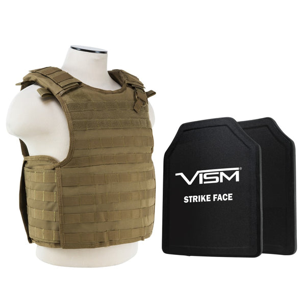 LEVEL III+ VISM by NcSTAR BPLCVPCVQR2964T-A QUICK RELEASE PLATE CARRIER VEST WITH 11"X14' LEVEL III+ SHOOTERS CUT 2X HARD BALLISTIC PLATES/ TAN