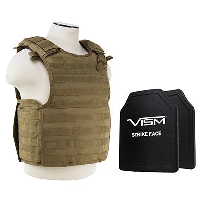LEVEL III+ VISM by NcSTAR BPCVPCVQR2964T-A QUICK RELEASE PLATE CARRIER VEST WITH 10"X12' LEVEL III+ PE SHOOTERS CUT 2X HARD BALLISTIC PLATES/ TAN