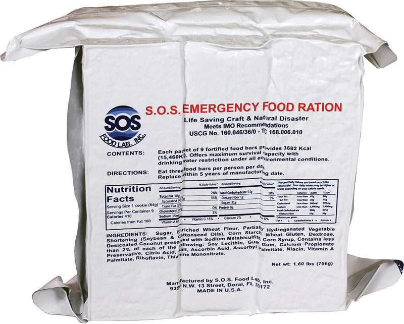 SOS Food Labs, Inc. 185000825 S.O.S. Rations EMERGENCY 3600 Calorie Food bar - 3 Day/ 72 Hour Package with 5 Year Shelf Life/ Packaged