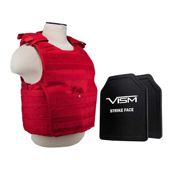 LEVEL III+ VISM by NcSTAR BPCVPCVX2963R-A EXPERT PLATE CARRIER VEST (MED-2XL) WITH 10"X12' LEVEL III+ PE SHOOTERS CUT 2X HARD BALLISTIC PLATES LARGE RED