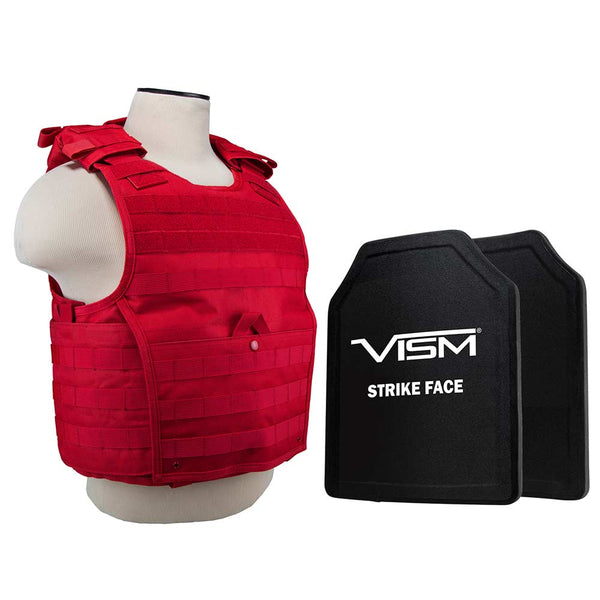 LEVEL III+ VISM by NcSTAR BPLCVPCVX2963R-A EXPERT PLATE CARRIER VEST WITH 11"X14' LEVEL III+ SHOOTERS CUT 2X HARD BALLISTIC PLATES RED