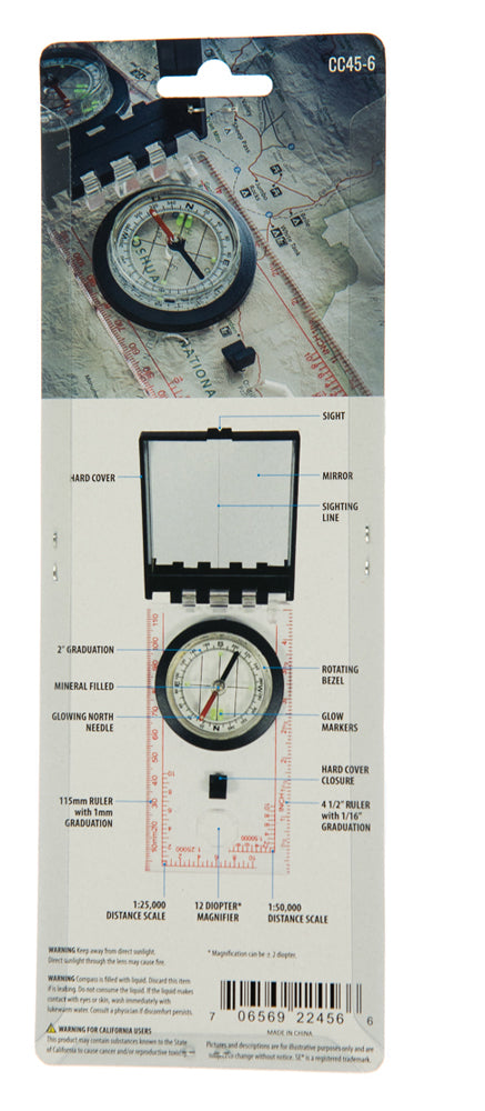 SE CC45-6 Map Compass With Sighting Mirror Glowing Markers & Lanyard