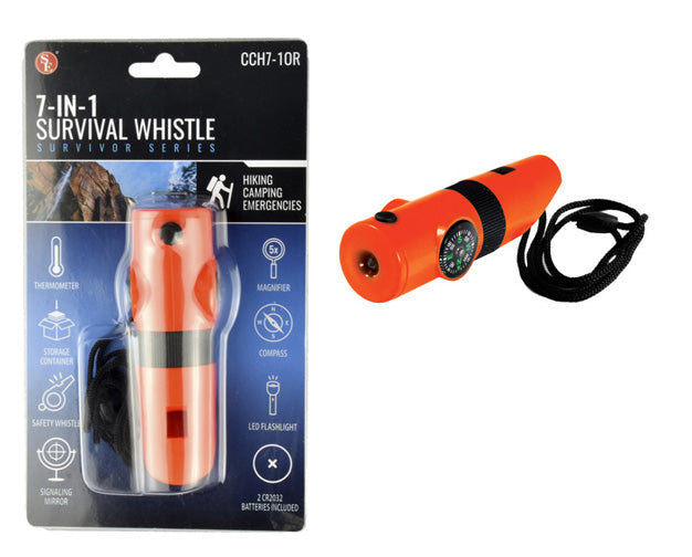 7-IN-1 Orange Survival Whistle with LED Flashlight