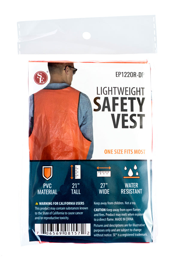 SE EP122OR-DP Disposable Safety Vest (Orange), PVC, Water Resistant, One Size Fits Most