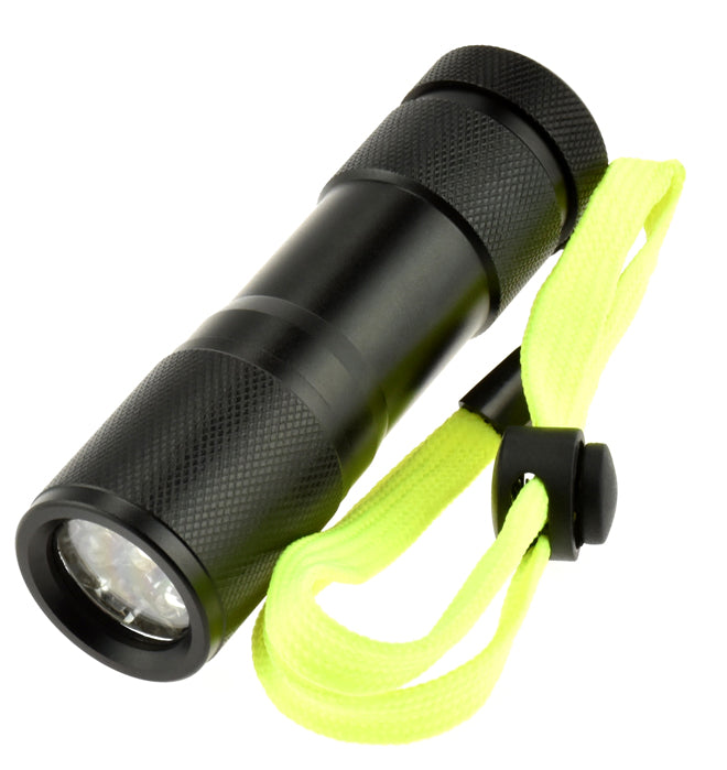SE FL449WP 9 LED Black Waterproof Flashlight with Carrying Case Lanyard with Neon Green Lanyard