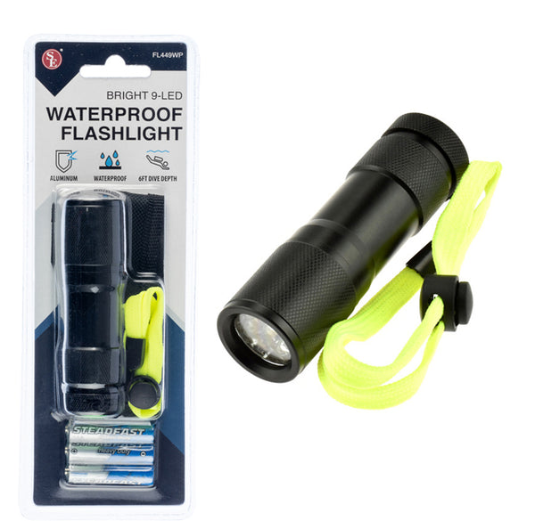 9 LED Black Waterproof Flashlight with Carrying Case Lanyard
