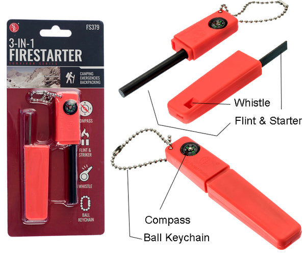 SE FS379 3-in-1 Firestarter with Ball Keychain (Compass, Flint & Striker & Whistle)