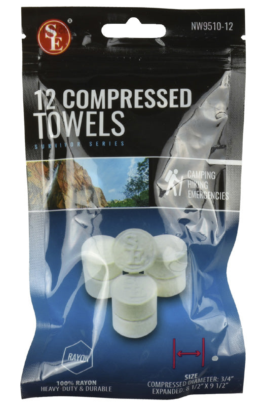 SE 12 Compressed Towels (12 Pack) Small 9-1/2" x 10" White in package