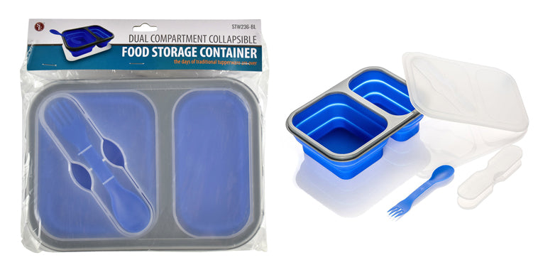 Collapsible Food Container with 2 Compartments, Includes Double Sided Fork/Spoon(Snaps)