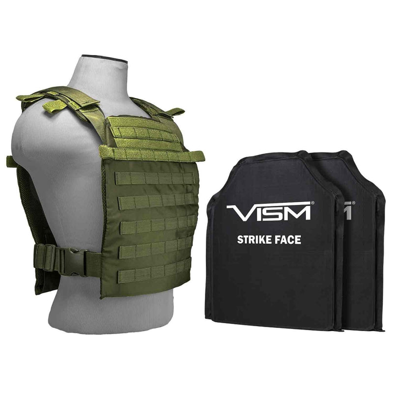 LEVEL IIIA VISM by NcSTAR LARGER FAST PLATE CARRIER  WITH 11"X14' LEVEL IIIA SHOOTER'S CUT 2X SOFT BALLISTIC PANELS/ GREEN