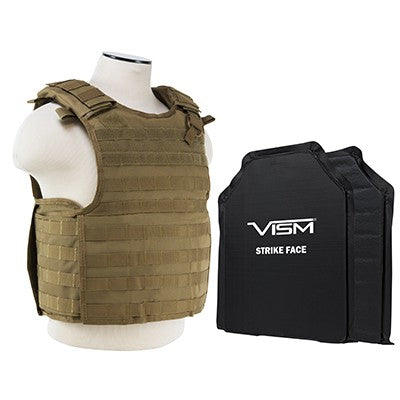 LEVEL IIIA  VISM by NcSTAR BSLCVPCVQR2964T-A QUICK RELEASE PLATE CARRIER VEST WITH 11"X14' LEVEL IIIA SHOOTERS CUT 2X SOFT BALLISTIC PANELS/ TAN