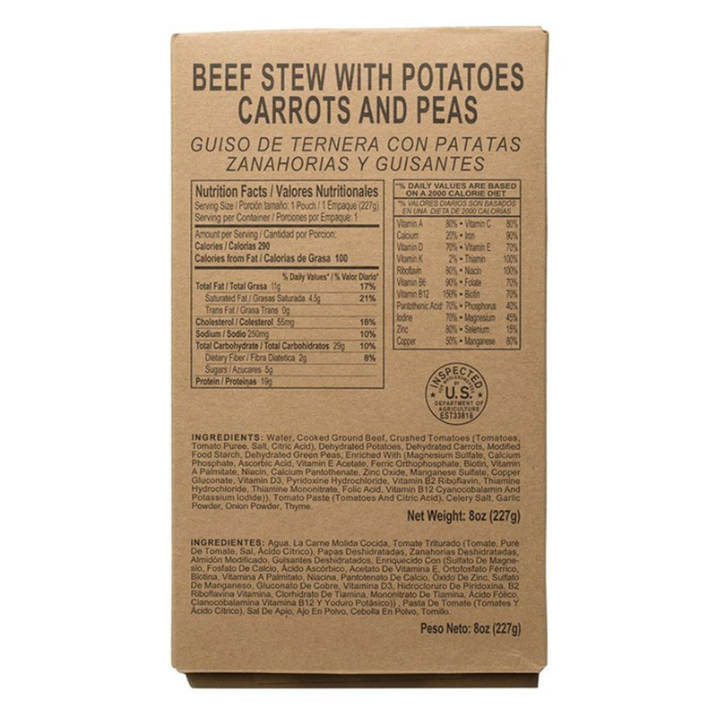 MRE Star Case of 12 Single Complete MRE Meals - Gluten Free Variety with Heaters M-018HNG/ Beef Stew Nutritional Information