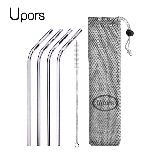 UPORS Reusable Drinking Straw 304 Stainless Steel Straws Straight Bent Metal Straw with Cleaner Brush Pouch bent