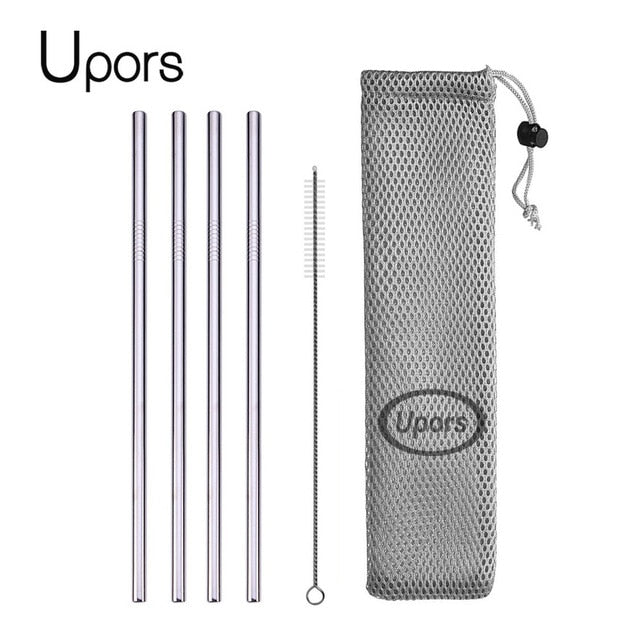 UPORS Reusable Drinking Straw 304 Stainless Steel Straws Straight Bent Metal Straw with Cleaner Brush Pouch 4 straight 