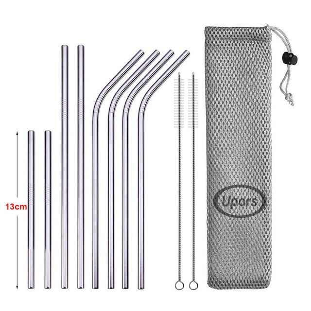 stainless steel reusable straw kit with short straight straws, bent straws, long straight straws