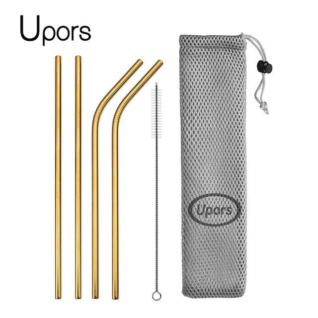 UPORS Reusable Drinking Straw 304 Stainless Steel Straws Straight Bent Metal Straw with Cleaner Brush Pouch Gold