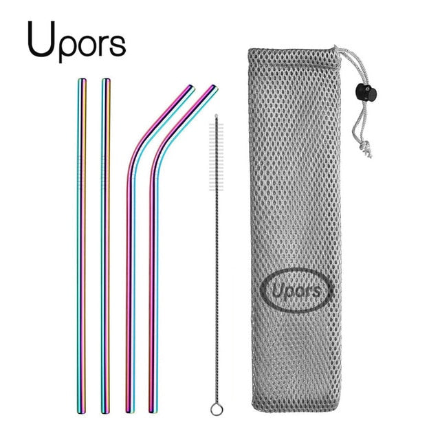 UPORS Reusable Drinking Straw 304 Stainless Steel Straws Straight Bent Metal Straw with Cleaner Brush Pouch in multi color