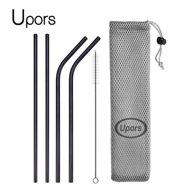 UPORS Reusable Drinking Straw 304 Stainless Steel Straws Straight Bent Metal Straw with Cleaner Brush Pouch in black