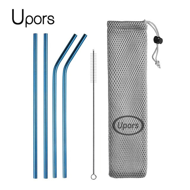 UPORS Reusable Drinking Straw 304 Stainless Steel Straws Straight Bent Metal Straw with Cleaner Brush Pouch Teal