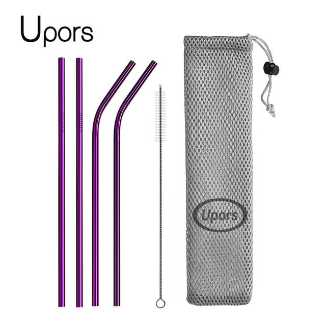 Purple stainless steel reusable straws and cleaning kit